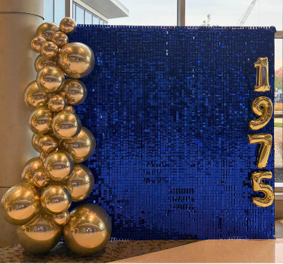 Picture of blue shimmer wall backdrop and gold balloon orbs